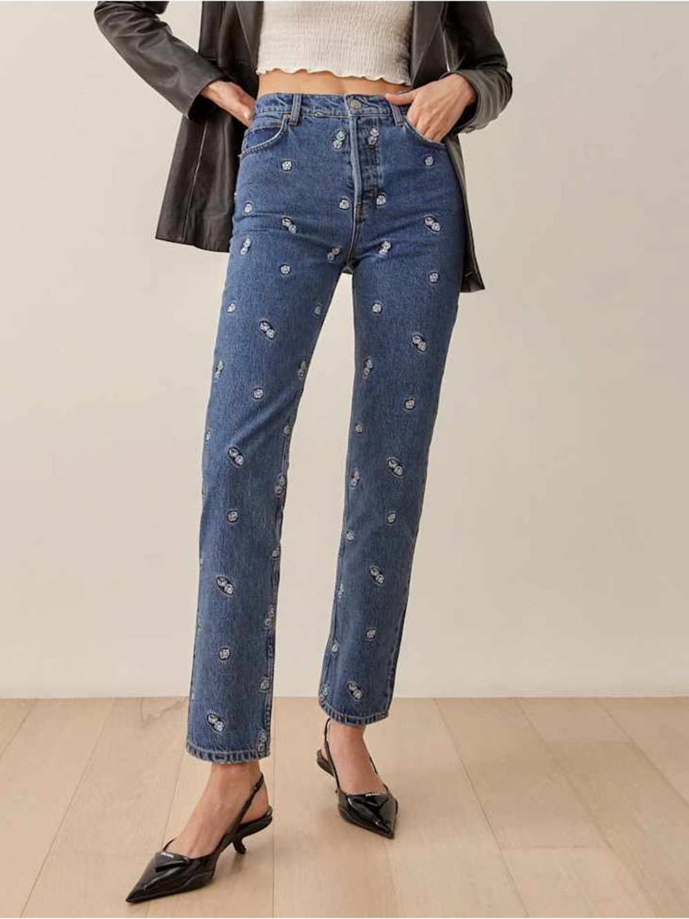 Reformation Dice Embroidery High Rise Straight Leg Jeans Classic Blue Wash 23